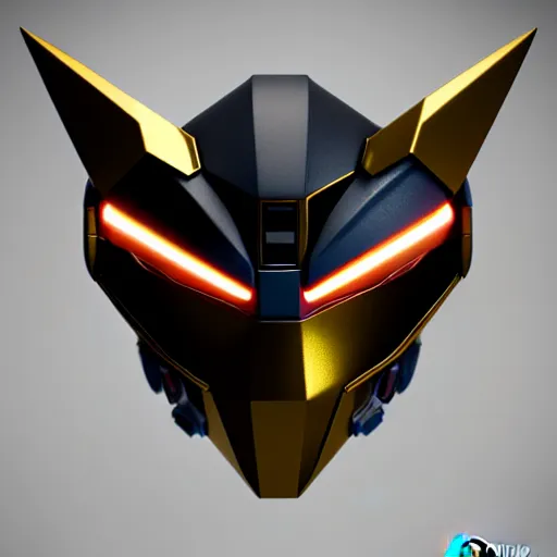 Image similar to gundam head, v - fin, octane render, soft light, mekka, behance, vector, highly detailed illustration, realistic, black and gold metal design, dribbble. com, by secondsyndicate studio,