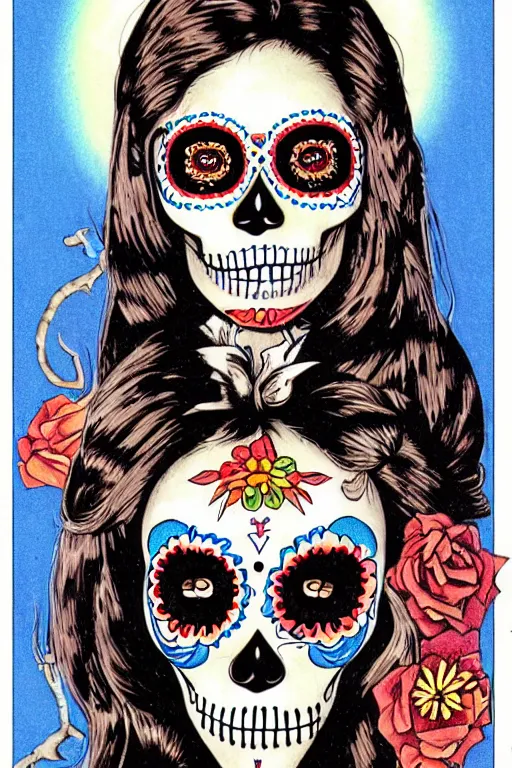 Prompt: Illustration of a sugar skull day of the dead girl, art by angus mckie