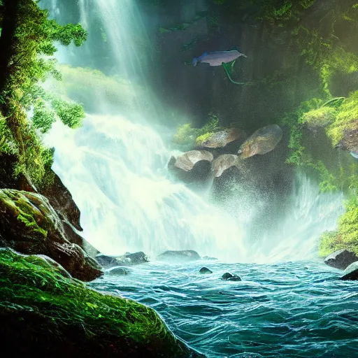 Prompt: photorealistic fantasy concept art of a sea monster swimming near a waterfall foggy forest, dynamic lighting, cinematic, ray tracing, sun rays, majestic