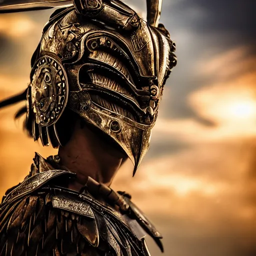 Image similar to warrior with metal eagle armour, highly detailed, dramatic lighting, cinematic, 4k