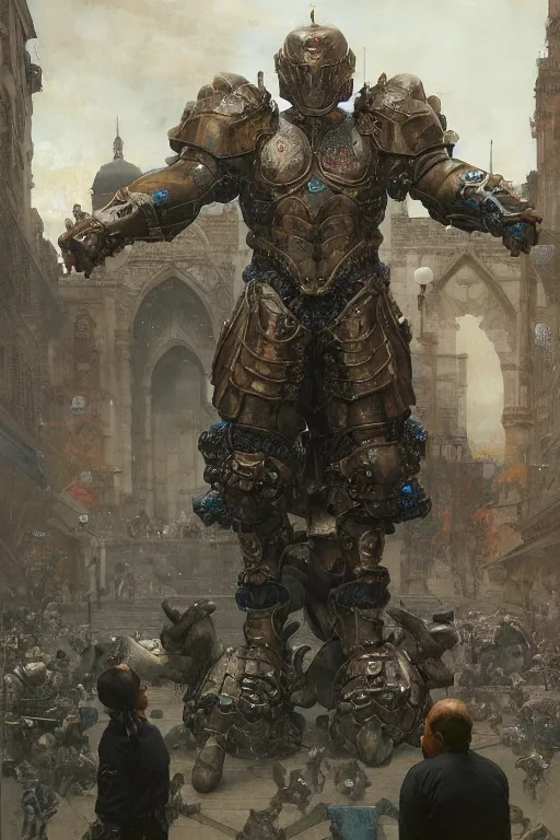 Image similar to scientists in a plaza observe a martyn ford as a huge bipedal brute wearing armour, painted by ruan jia, raymond swanland, lawrence alma tadema, zdzislaw beksinski, norman rockwell, jack kirby, tom lovell, alex malveda, greg staples