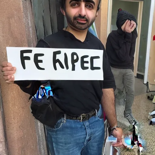 Image similar to photo of emad holding a sign saying free kittens