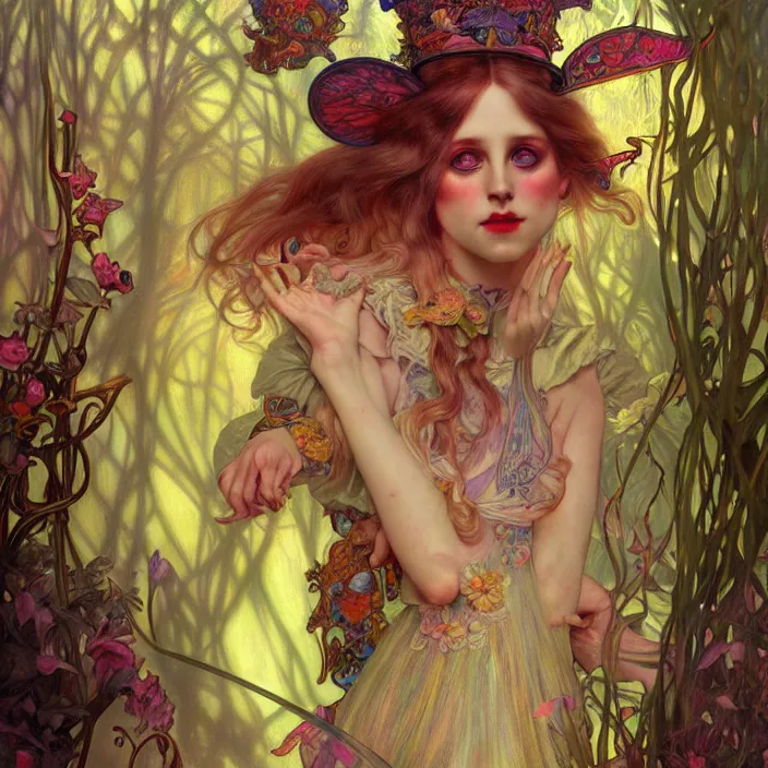 Image similar to psychedelic alice in wonderland , diffuse lighting, fantasy, intricate, elegant, highly detailed, lifelike, photorealistic, digital painting, artstation, illustration, concept art, smooth, sharp focus, art by John Collier and Albert Aublet and Krenz Cushart and Artem Demura and Alphonse Mucha