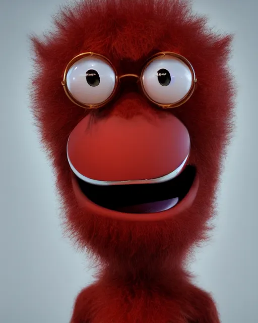 Image similar to 3 d render of completely red hairy friendly antropomorphic creature wearing chrome shades, without nose, shy smile, full body, standing on 2 feet, in the style of pixar, white background, unreal engine 5, octane render, highly detailed hdr