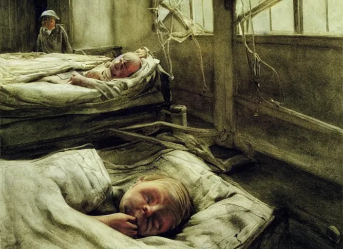 Image similar to poor child in a coma in a dirty makeshift hospital, painting by andrew wyeth and alan lee, very detailed, somber mood,