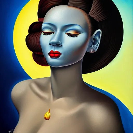 Image similar to a striking painting of a woman, an ultrafine detailed painting by rafal olbinski, behance contest winner, pop surrealism, detailed painting, skeuomorphic, airbrush art