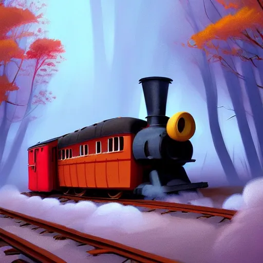 Image similar to Goro Fujita illustrating An antique steam train with a large white cloud coming out of the chimney travels through a beautiful autumn forest along the railroad tracks, art by Goro Fujita, concept art, sharp focus, ArtStation