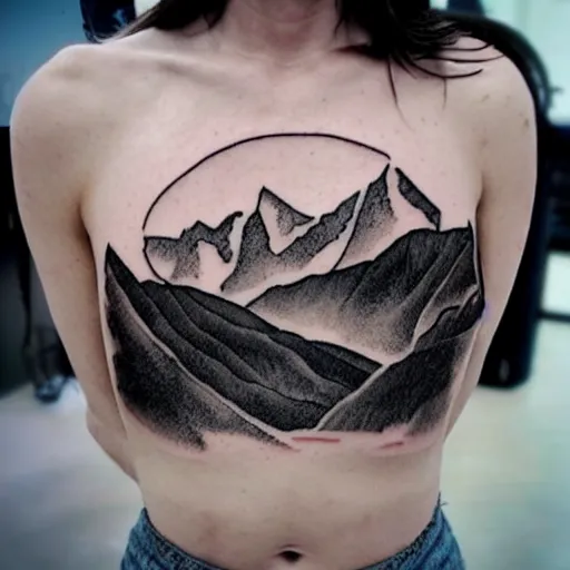 Prompt: megan fox beautiful mountains double exposure effect, medium sized tattoo sketch, amazing detail