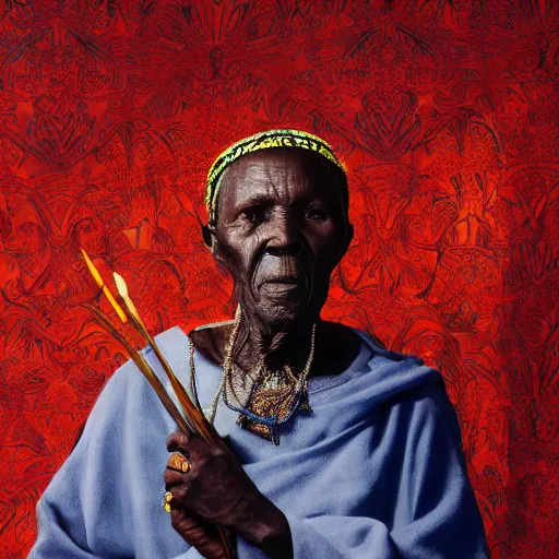 Image similar to a painting of a wise elder from Kenya by Kehinde Wiley . dramatic angle, ethereal lights, details, smooth, sharp focus, illustration, realistic, cinematic, artstation, award winning, rgb , unreal engine, octane render, cinematic light, macro, depth of field, blur, red light and clouds from the back, highly detailed epic cinematic concept art CG render made in Maya, Blender and Photoshop, octane render, excellent composition, dynamic dramatic cinematic lighting, aesthetic, very inspirational, arthouse.