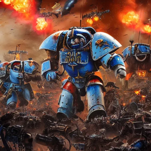 Prompt: warhammer 40k ultramarine on the battle field, explosions, ruined empire on the background, digital art, illustration, wide angle, fine details, cinematic, highly detailed, octane render, 4k