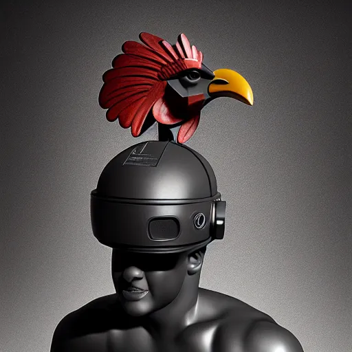 Prompt: a portrait of monumental muscular rooster antique statue in vr helmet, black rock statue material, studio light, hasselblad photo, 8 k resolution, octane render, character design, digital art, logo design