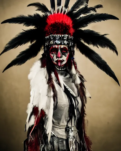 Image similar to the ghost - spirit of the grim - warpaint wears the scarlet skull armor and native blood headdress feathers, midnight fog - mist!, cinematic lighting, various refining methods, micro macro autofocus, ultra definition, award winning photo