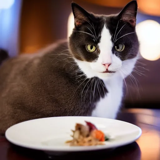 Image similar to A photo of a cat wearing a suit sitting in a fancy and expensive gourmet restaurant and eating a plate of cat food. f/2.8, dim lighting, award winning photo