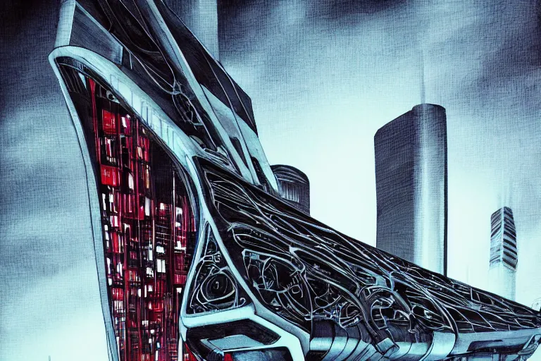 Prompt: futuristic, cyberpunk, martian architecture, minimalistic ink and red airbrush painting on white background, black outline