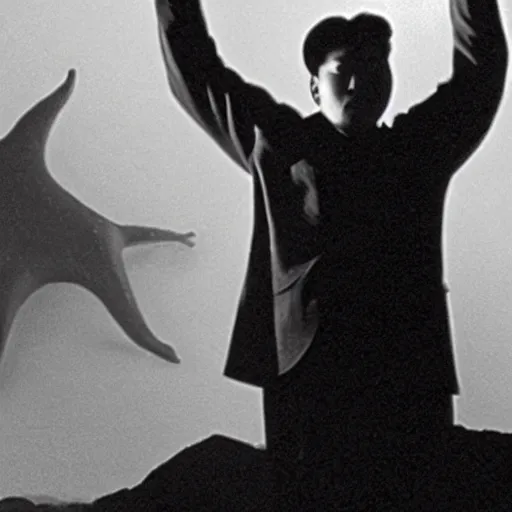 Prompt: a man in the fog and a giant starfish monster emerging above, 1950s Korean film noir in the style of Orson Welles and Ishiro Honda