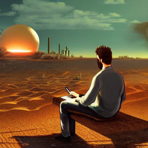 Image similar to A man sitting in the desert at a computer, explosions in the background, digital art, artstation, hyperdetalied, high rendering, high quality, 8k,