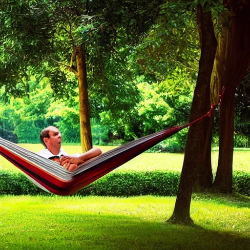 Prompt: award winning photograph of business man resting in a hammock, heavenly, peaceful, tranquil