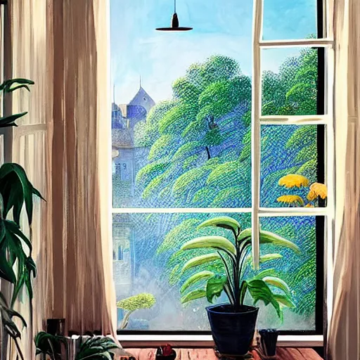 Prompt: Photorealistic meditative room in the morning sunlight with windows showing a beautiful garden, vivid colors, serene, moving, masterpiece, detailed painting by Alena Aenami, by Wes Anderson, by Elsa Beskow