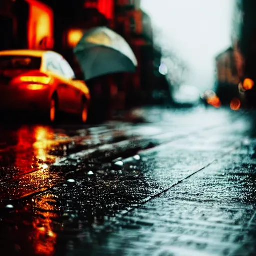 Prompt: Close-up photograph of the city street, night time, dark, raining, f/1.4