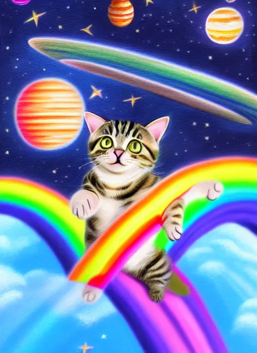 Image similar to a cute chubby tabby cat surfing on a rainbow in outer space, diffuse lighting, detailed face, fantasy, intricate, surrealism!!!!, highly detailed, lifelike, photorealistic, digital painting, artstation, illustration, concept art, smooth, sharp focus,