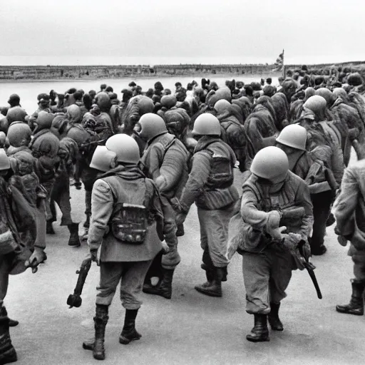 Prompt: minions storming omaha beach on d-day