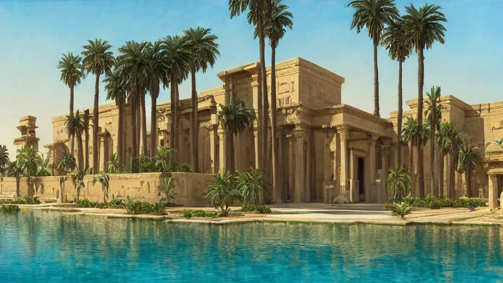 Prompt: an oil painting of the front of a new egyptian!! palace, with a small pool in front, exterior view, close - up, mid - day, palm trees and lush vegetation,!! hieroglyphs on the buildings, ray - traced reflections of the buildings and trees in the water