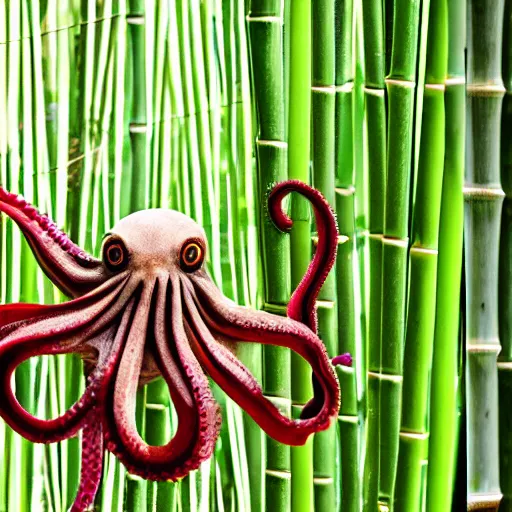 Prompt: an octopus wrapping his tentacles around a lucky bamboo plant outdoors in the sun