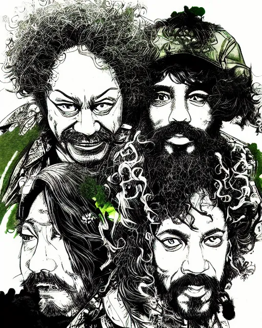 Prompt: portrait of cheech and chong, concept art, sumi - e style, intricate linework, green smoke, artstation, trending, highly detailed, smooth, focus, art by yoji shinkawa,