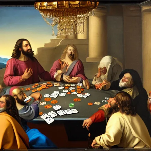 Image similar to a baroque painting of jesus playing poker