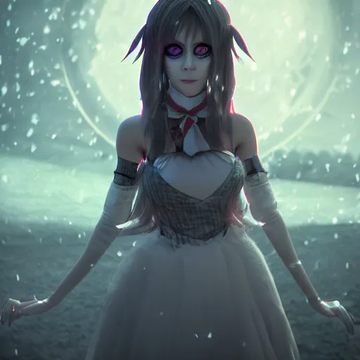 Prompt: full shot portrait of angry darkness Clara Morgane as a cute anime girl at moonlight, snowing, gothic wearing, inspired by Tim Burton, Amano, detailed, unreal engine 4k volumetric light, fog,