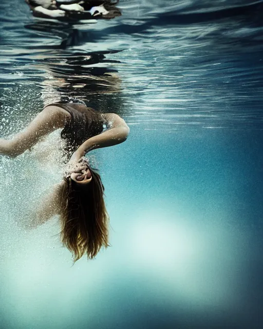 Image similar to a portrait photo of a beautiful young woman floating underwater with reflections, serene and beautiful, dark background, single top lighting