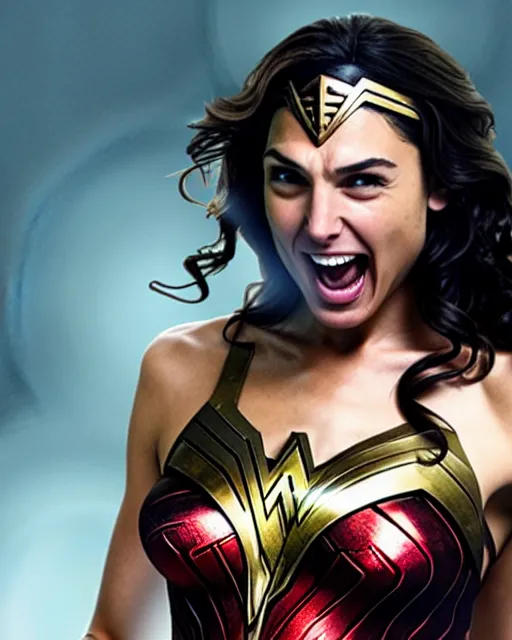 Prompt: gal gadot as she crinkles her nose while laughing, dressed as wonder woman, photorealistic, hdr, color, hyperreal