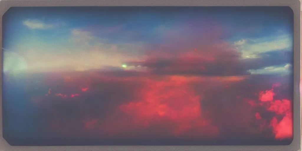 Prompt: analog polaroid photograph of a chrome female, sheen, red reflections, unreal engine, azure sky, big clouds visible, sunlight, reflection, sparkles, lensflare, film grain, depth of field, color bleed