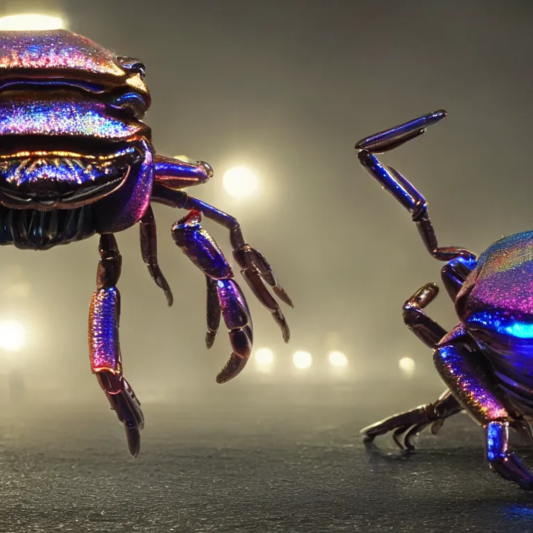 Image similar to vfx portrait shot by weta digital and industrial light and magic ilm, a colorful iridescent crab monster made out of shiny reflective silver metallic chrome with detailed intricate glowing bioluminescence, in the streets of a dark and moody seaside town, heavy fog, octane render, cinema 4 d, ray traced lighting, very short depth of field, bokeh