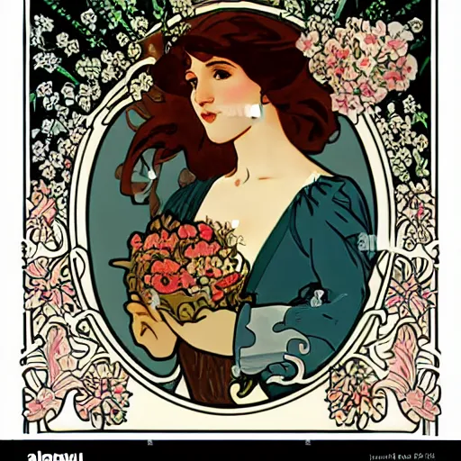 Image similar to beautiful, art nouveau advertisement, in the style of Alphonse Mucha, white short haired cat surrounded by flowers