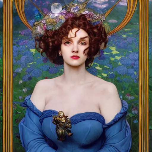 Image similar to Masterpiece head and shoulders portrait of Gwen from League of Legends of Arcane animated Series as with blue long and very curly pigteils and arcane maid outfit drawn by Donato Giancola and Tom Bagshaw, Edmund Leighton, Alphonse Mucha, background by James Jean and Gustav Klimt, 4k, porcelain skin, volumetric lighting, komorebi, french nouveau, trending on artstation, octane render, hyperrealistic