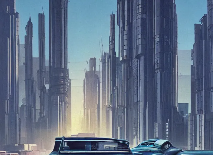 Image similar to a car driving down a street next to tall buildings the night at 8:00 am, cyberpunk art by Chesley Bonestell, cgsociety, retrofuturism, matte painting, reimagined by industrial light and magic