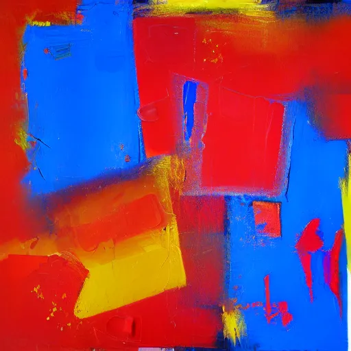 Image similar to gestural abstraction painting in red, yellow, and blue