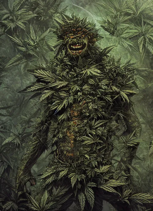 Image similar to Monster made of pot leaves, marijuana, watercolor, dramatic lighting, cinematic, establishing shot, extremely high detail, foto realistic, cinematic lighting, pen and ink, intricate line drawings, by Yoshitaka Amano, Ruan Jia, Kentaro Miura, Artgerm, post processed, concept art, artstation,