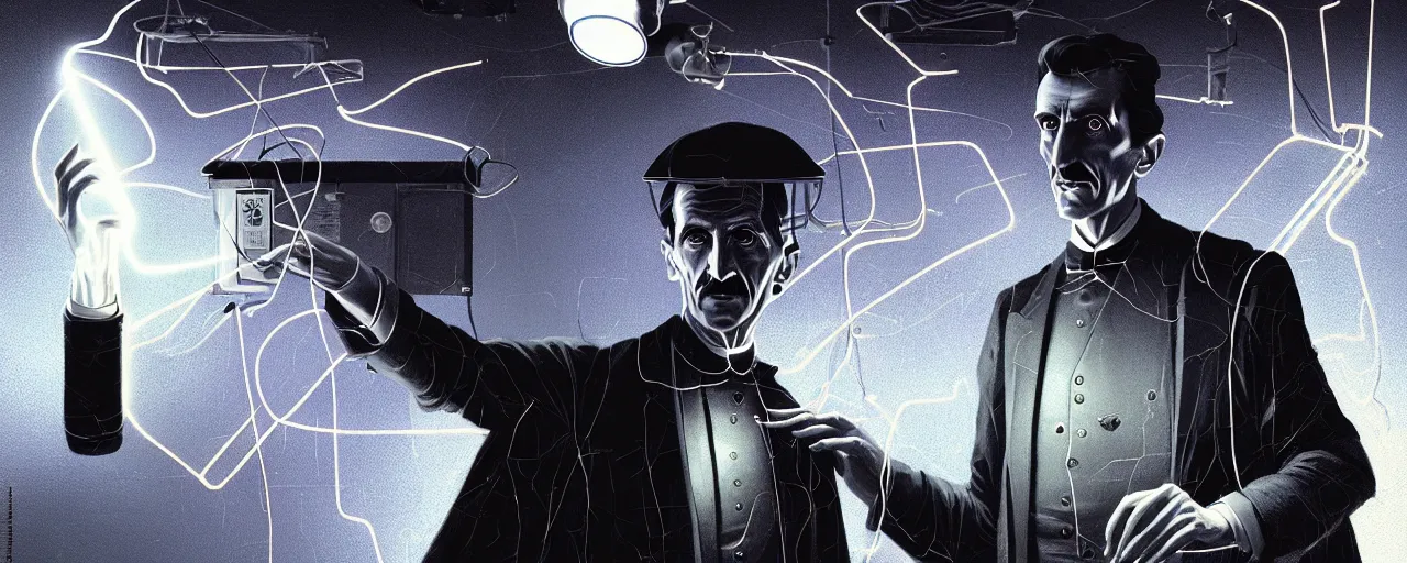 Image similar to duotone dark scifi illustration 3 / 4 portrait of nikola tesla with conducting eletricity experiments with tesla coils. cinematic lighting mad scientist style. golden ratio accidental renaissance. by sachin teng and sergey kolesov and ruan jia and heng z. graffiti art, scifi, fantasy, hyper detailed. octane render. concept art. trending on artstation