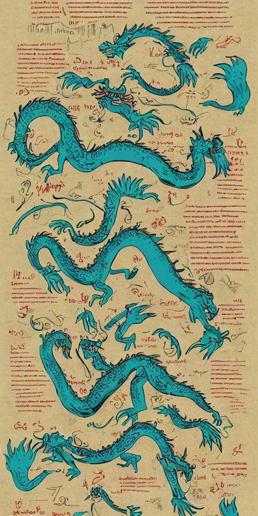 Prompt: anatomy of a dragons, diagrams, map, marginalia, sketchbook, old script, inhabited initials, pastel infographic by Wes Anderson and victo ngai