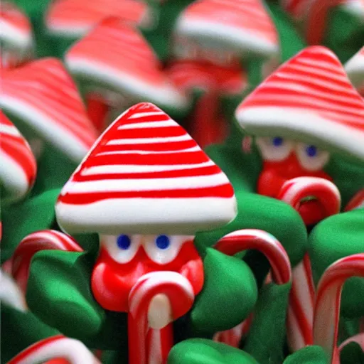 Prompt: Waldo hiding in a field of peppermint candy canes