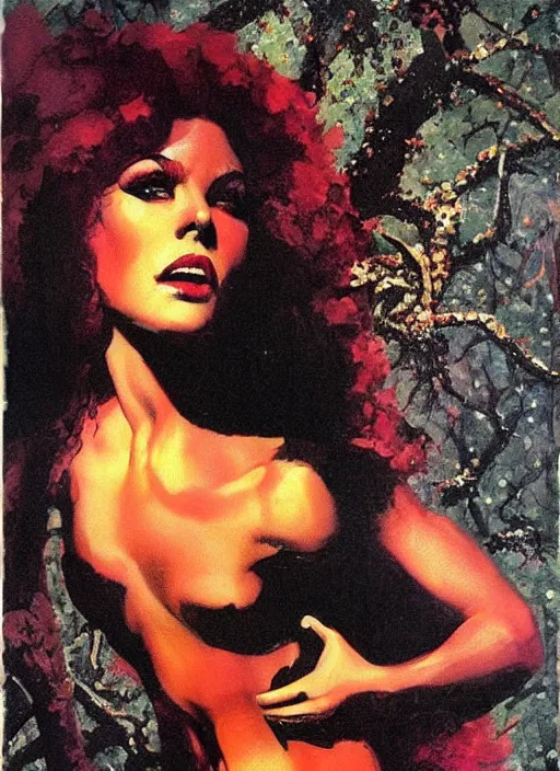 Image similar to seventies slim young horror actress, sequin top, dark forest, strong line, deep color, beautiful! coherent! by brom, by frank frazetta,