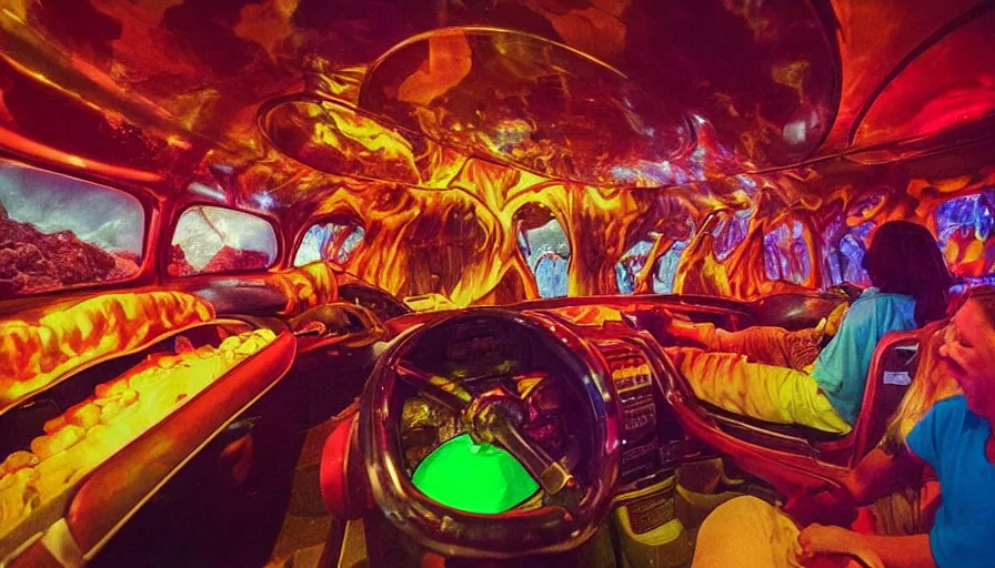 Prompt: 1990s photo of inside the Garfield's Lava Lamp ride at Universal Studios in Orlando, Florida, riding a Lava lamp through a world of Lasagna, cinematic, UHD