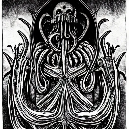 Image similar to Cthulhu Christmas by Charles Addams and H.R. Giger, black and white illustration shadows symmetrical