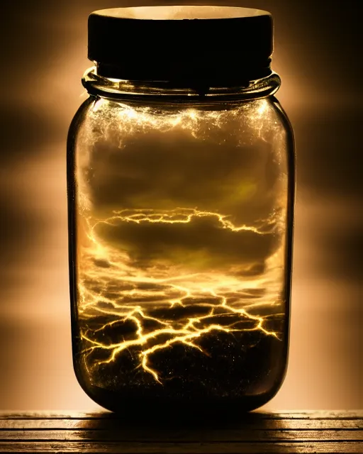 Prompt: glass jar with a dark stormy sea inside, lightning storm, bokeh, dramatic lighting, hyperrealistic, highly detailed