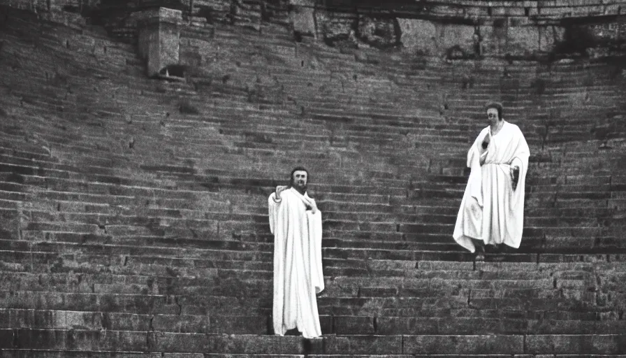 Image similar to 1 9 6 0 s movie still close - up of caligula in a white toga dead on the ancient amphitheater's stairs blood flaque, cinestill 8 0 0 t 3 5 mm, high quality, heavy grain, high detail, dramatic light, anamorphic, blood