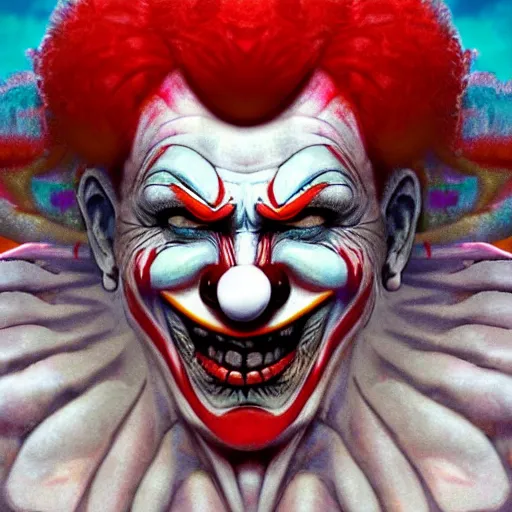 Image similar to 4K headshot of godlike clown with clown nose and defined arms and open hands and bloody clothes with giant mandala wings , intricate runny clown face make-up , flawless anime cel animation by Kentaro Miura, psychedelic , highly detailed upper body , professionally post-processed , beautiful, scary, symmetry accurate features, epic, octane rendered, anime masterpiece, accurate