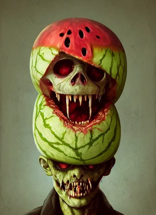 Image similar to hyper realistic photography portrait of smiling zombie with a watermelon helmet cinematic, greg rutkowski, brom, james gurney, mignola, craig mullins, artstation, cgsociety