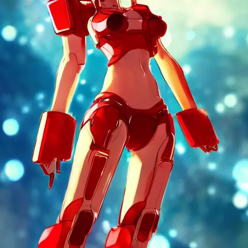 Image similar to digital anime art, very small cute girl standing on a large table, red mech arms and red mech legs, blue watery eyes!!!, short